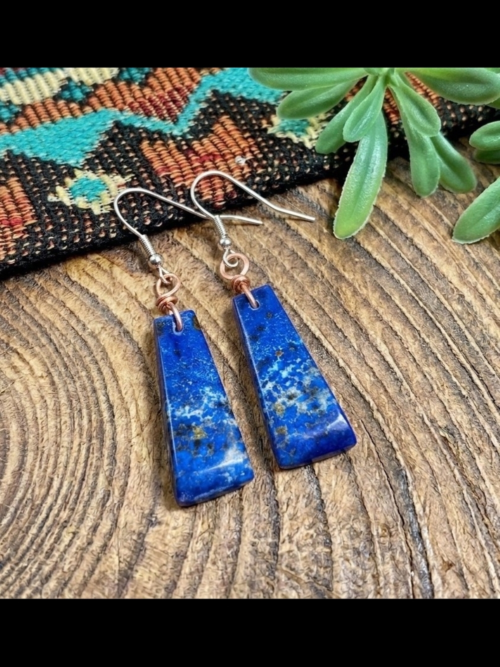 Cobalt Blue LAPIS LAZULI Sterling & Copper Slab Earrings